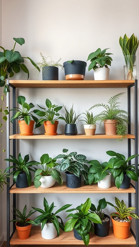 Layered plant shelves displaying various indoor plants in different pots.