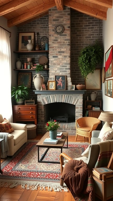 Cozy boho living room with vintage decor, brick fireplace, and plants.