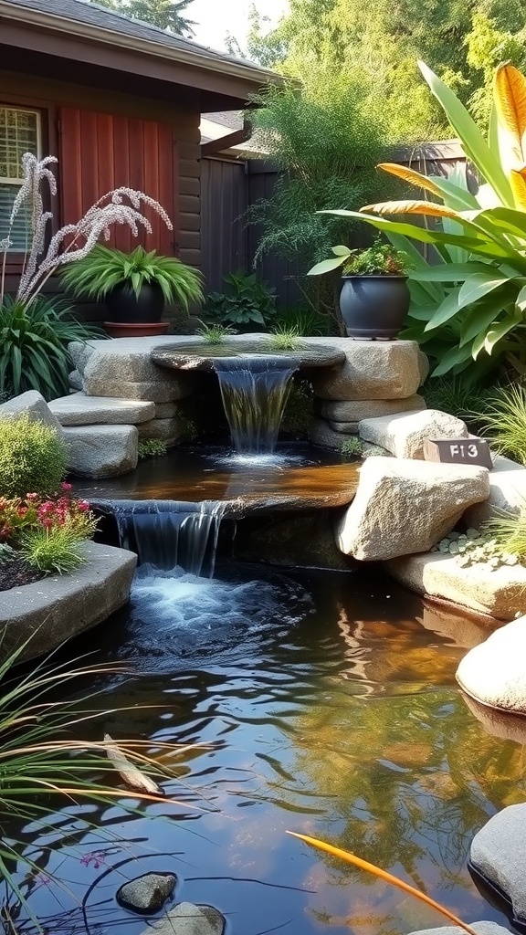 A serene backyard water feature with a small stream, stones, and lush green plants.