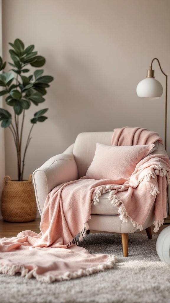 A cozy living room corner featuring a pastel pink throw blanket and pillow on a light chair, with a plant and lamp in the background.