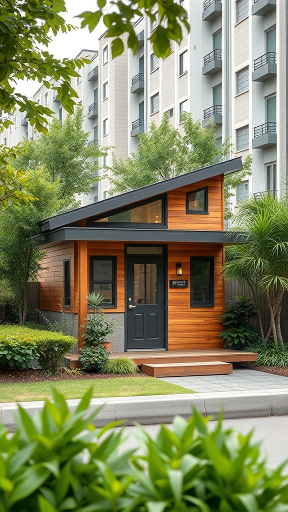 A compact two-story shed house surrounded by greenery and urban buildings.