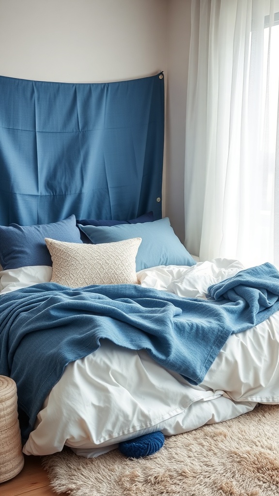 Cozy minimalist bedroom with layered textures in blue and white, featuring a bed with blue and white bedding, a textured pillow, and a soft rug.