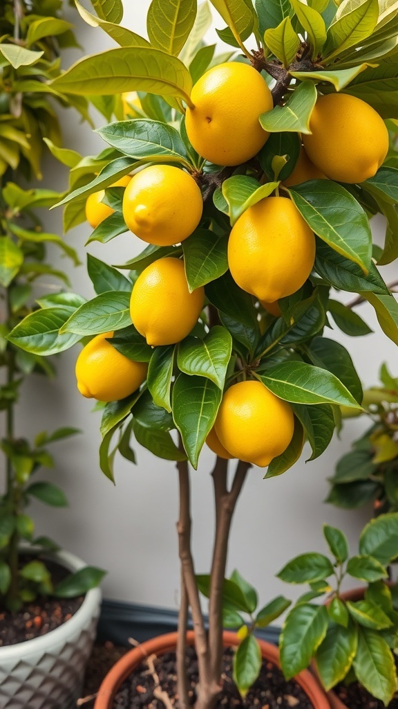 A Ponderosa lemon tree with bright yellow lemons and lush green leaves.