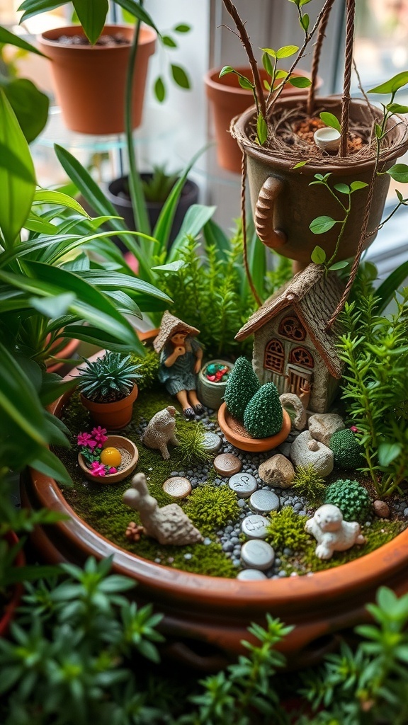 A whimsical fairy garden with a miniature house, plants, and decorative stones.