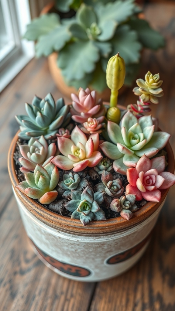 A charming arrangement of colorful succulents in a decorative pot on a wooden surface.
