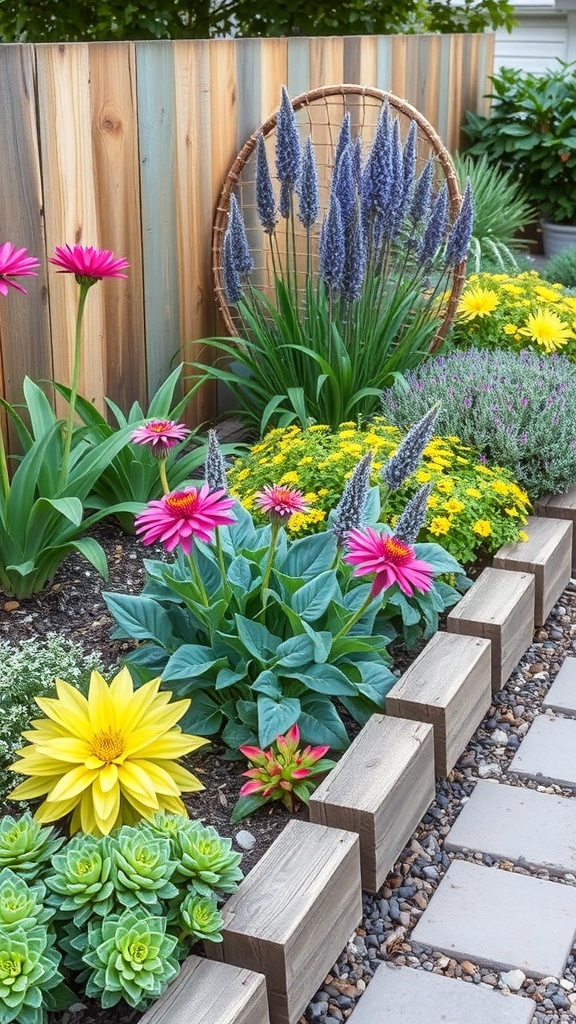 A garden featuring reclaimed wood borders with various plants and greenery.