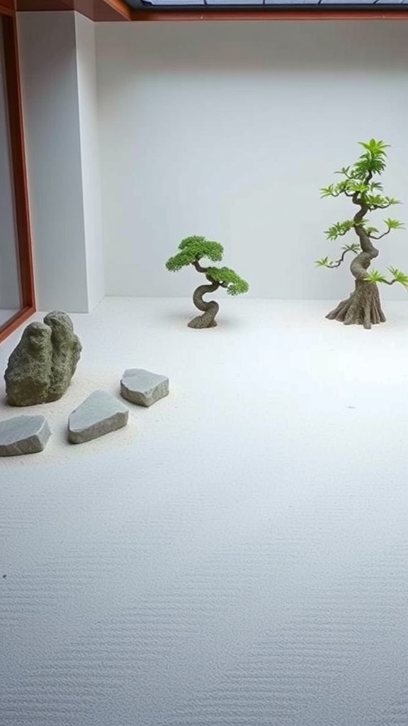 A minimalist white stone zen garden featuring a bonsai tree and scattered stones on a raked sand surface.