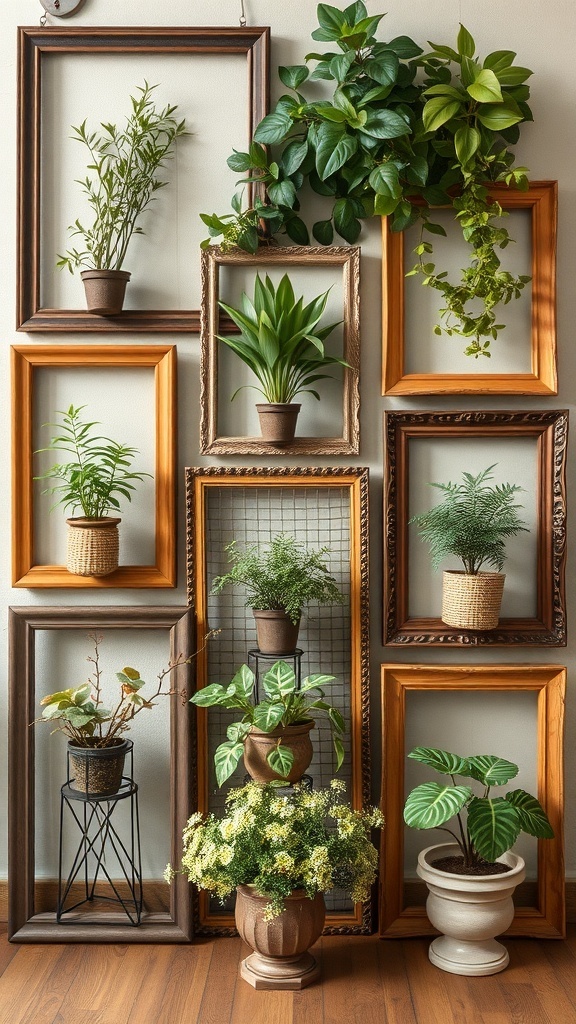 A wall display of various plants in vintage frames, showcasing a creative indoor gardening idea.