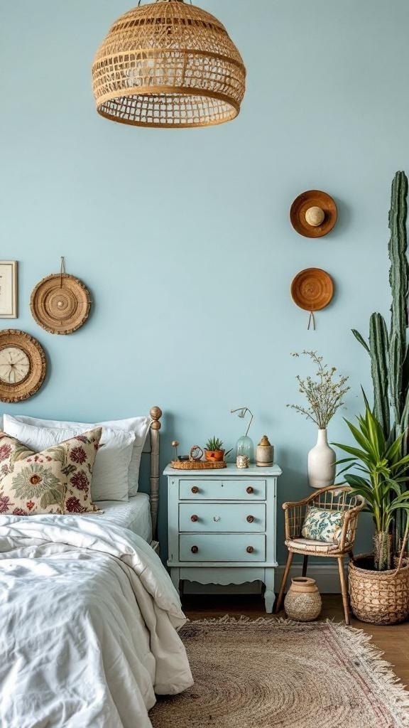 A Boho bedroom featuring light blue walls, vintage furniture, and plants.