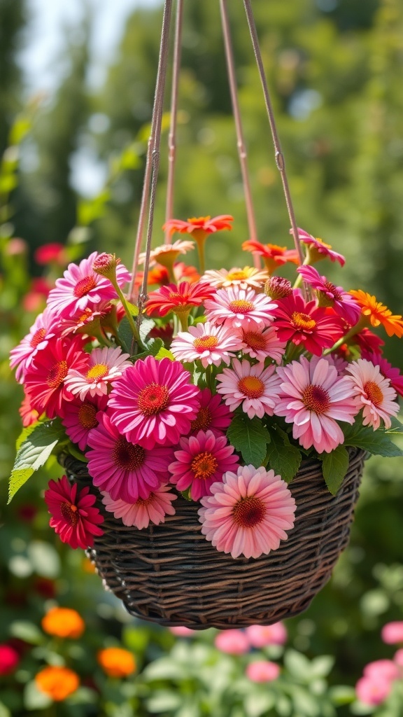 Hanging basket filled with colorful zinnias in pink, orange, and yellow.