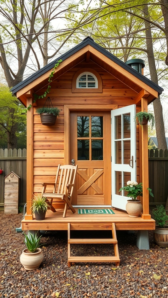 A cozy wooden shed house with a welcoming porch and plants.