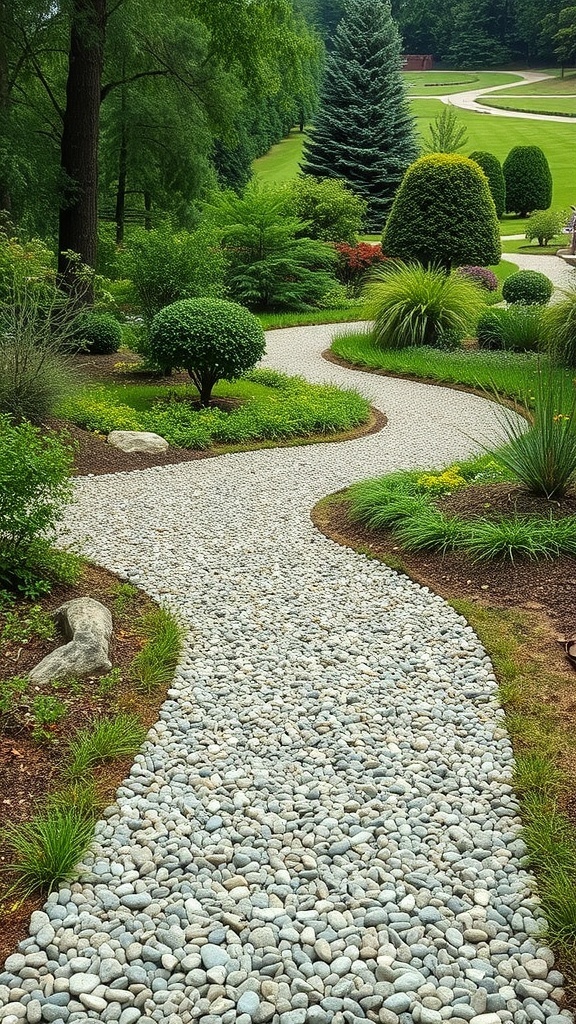 A winding pathway made of pebbles surrounded by greenery and bushes in a backyard garden.