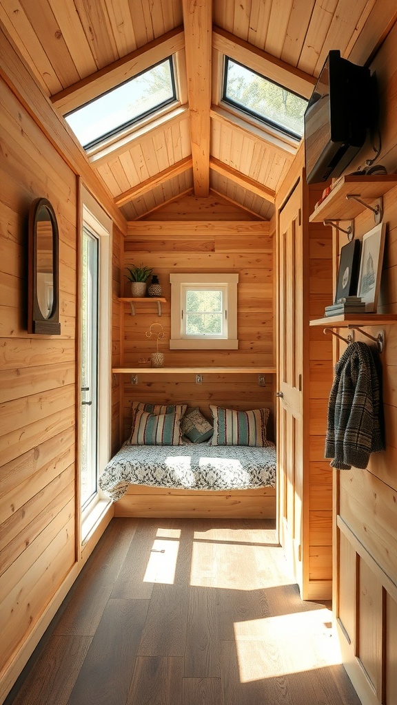 Interior of a tiny 2-story shed house with wooden walls and a cozy seating area.