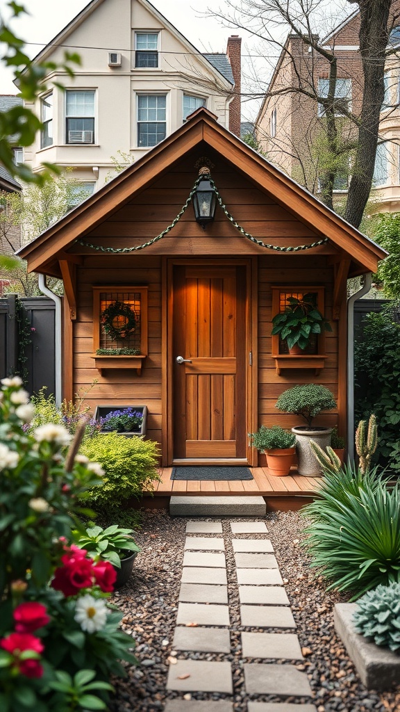 A charming wooden shed house with a welcoming entrance surrounded by flowers and greenery.