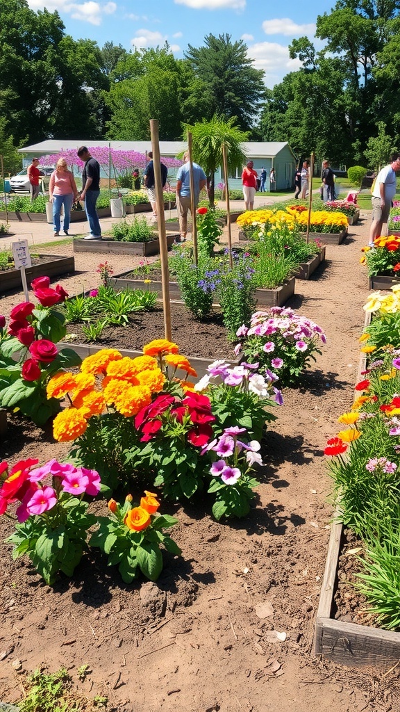 A vibrant community garden filled with colorful flowers and people enjoying the space.