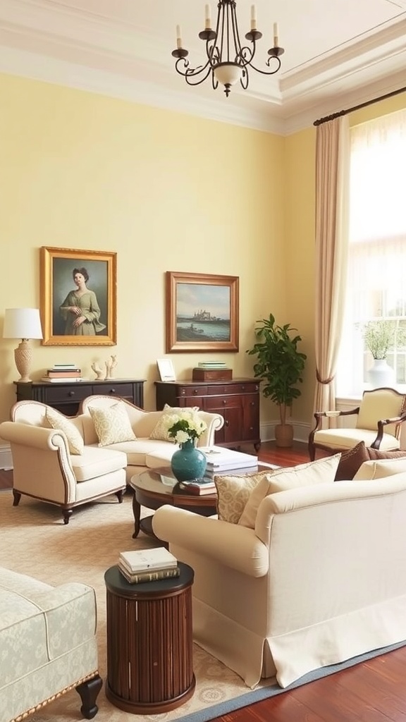 A pale yellow living room featuring classic furniture styles, including vintage armchairs and a round glass coffee table.
