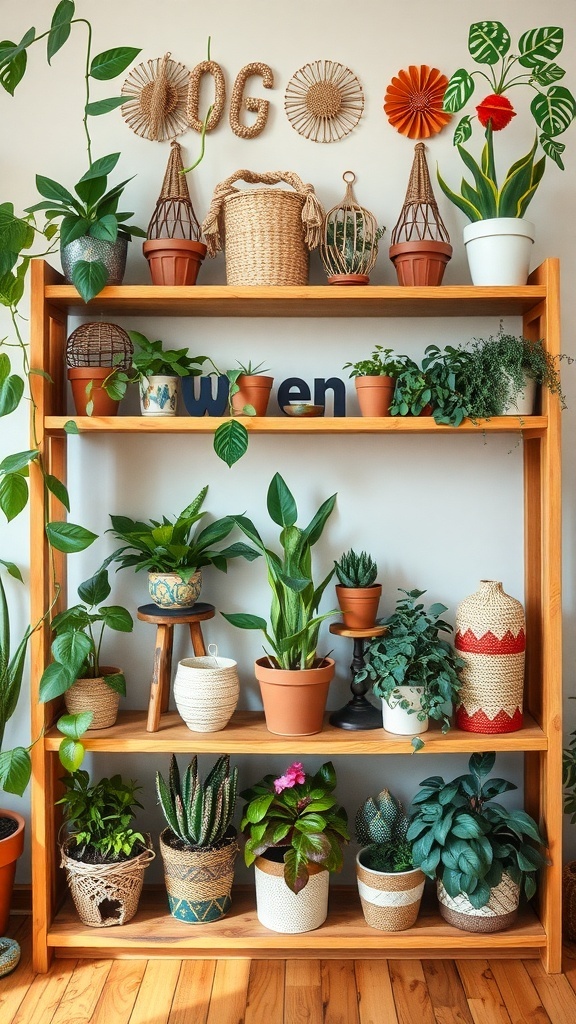 A wooden shelf filled with various indoor plants and decorative items, showcasing a bohemian style.