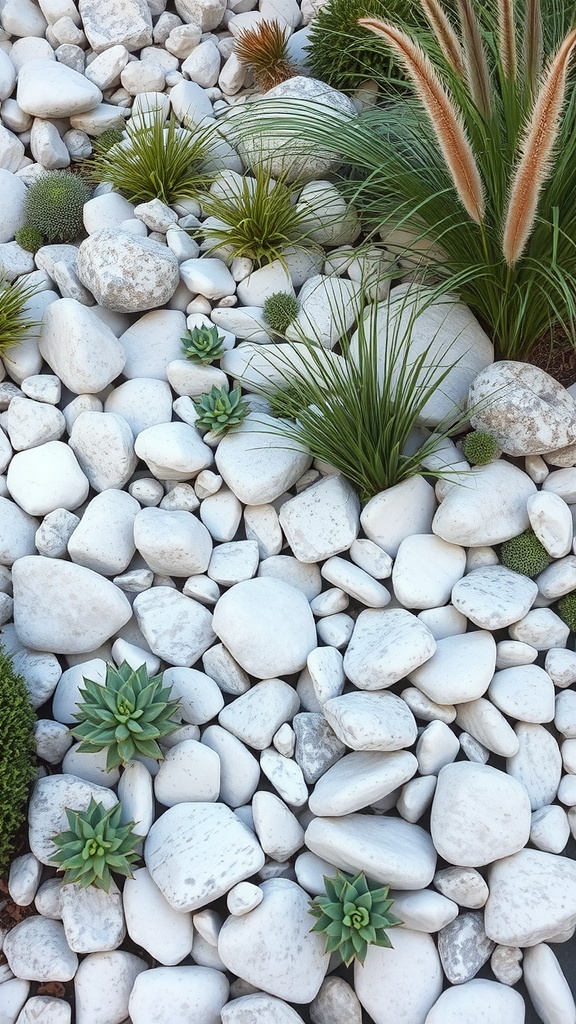 A lush white stone rock garden featuring smooth white stones and green plants.