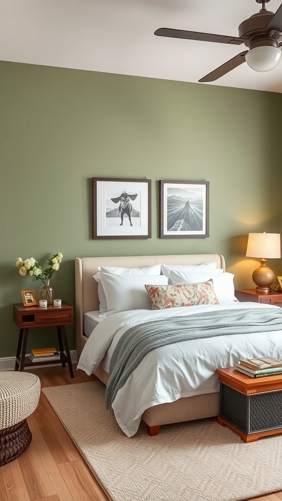 A cozy bedroom featuring a sage green accent wall, light bedding, and warm wooden furniture.