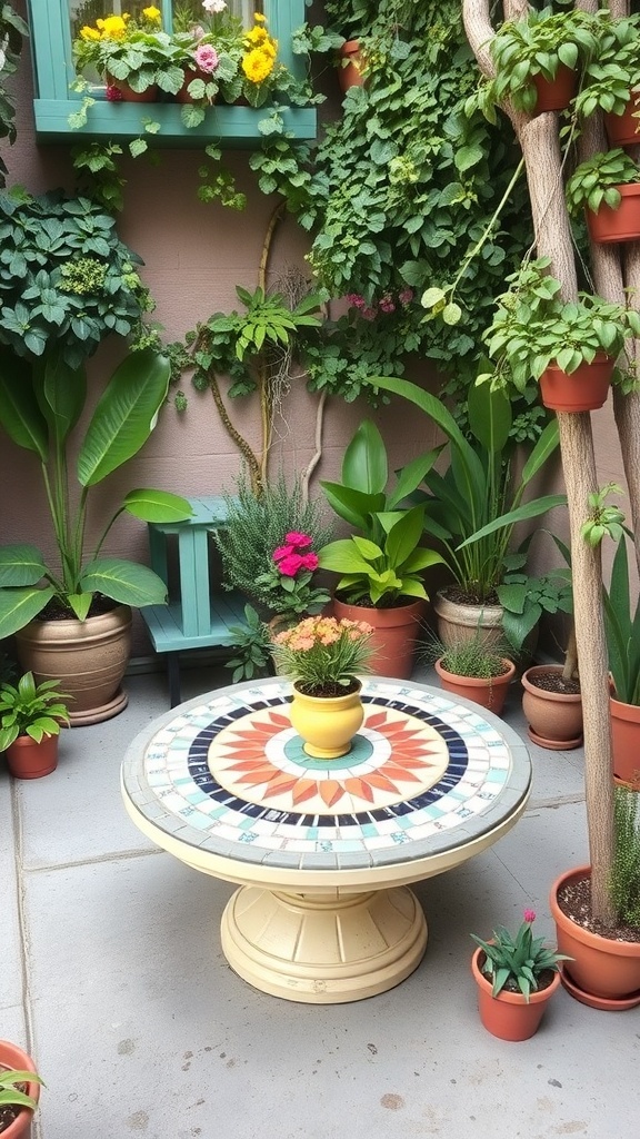 A small garden featuring a colorful mosaic table surrounded by potted plants.