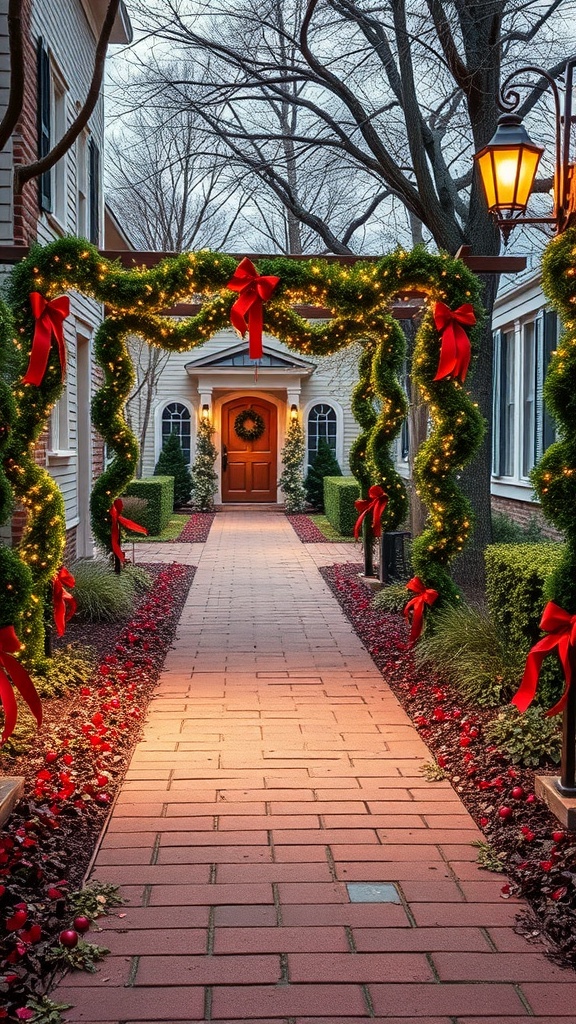 A beautifully decorated walkway with wreaths and lights for the holiday season.