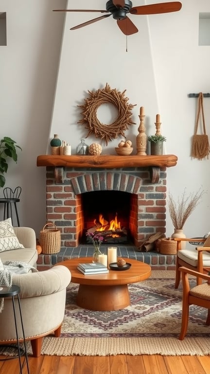 A cozy rustic fireplace setup with a brick design, wooden mantel, and decorative items, surrounded by comfortable seating.
