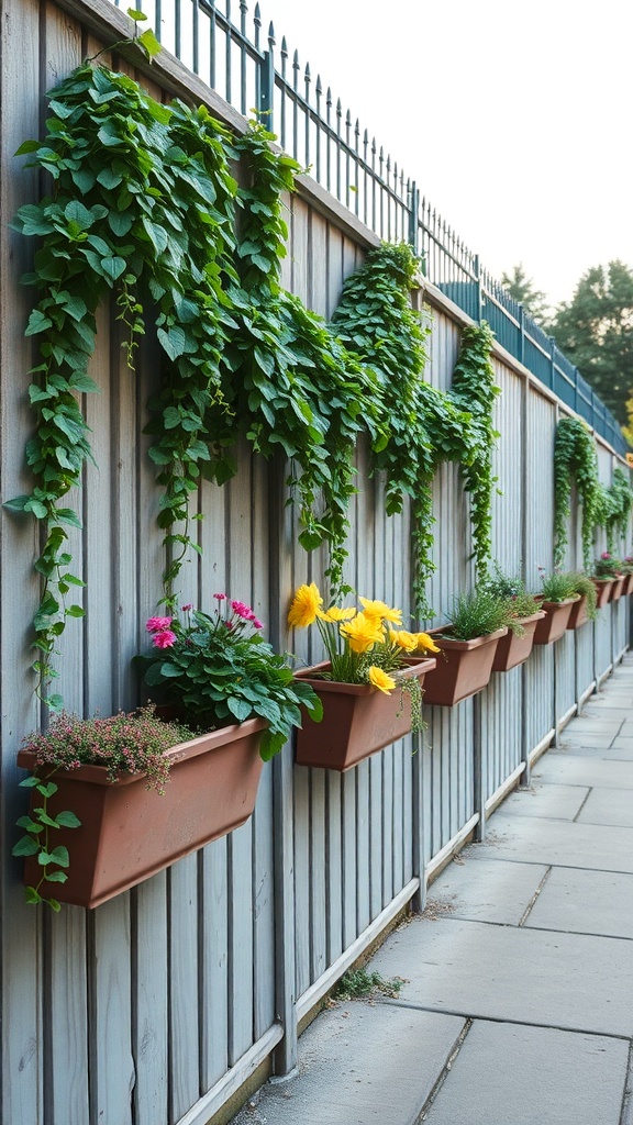 A wooden fence with planters filled with colorful flowers and trailing vines.