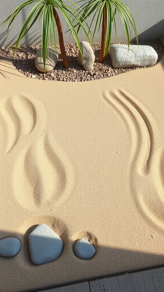 A mini Zen garden featuring raked sand, smooth stones, and small plants.