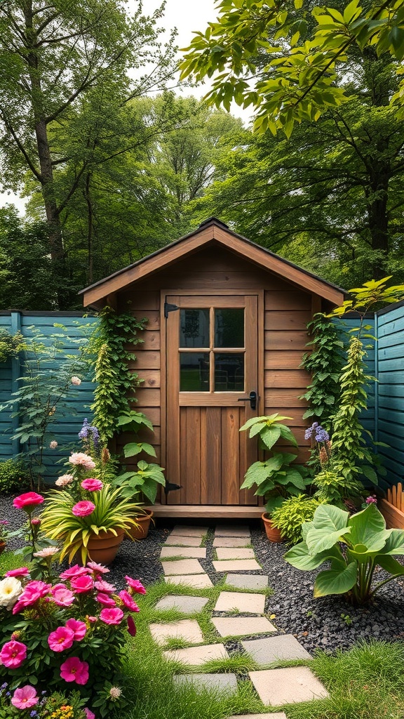 A small wooden shed surrounded by colorful flowers and greenery.