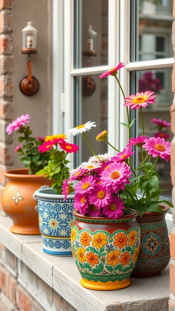 Colorful ceramic planters with blooming flowers on a windowsill
