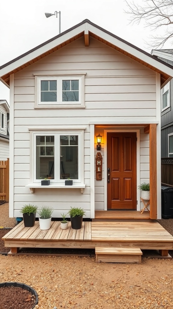 A modern two-story shed house with wooden accents and a welcoming entrance.