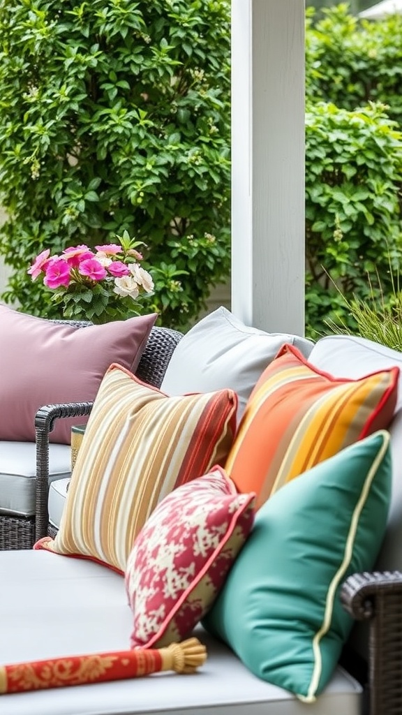 A cozy patio with colorful outdoor pillows and cushions on a sofa.