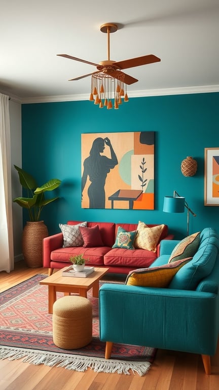A cozy boho living room featuring a bold teal accent wall, colorful furniture, and playful decor.