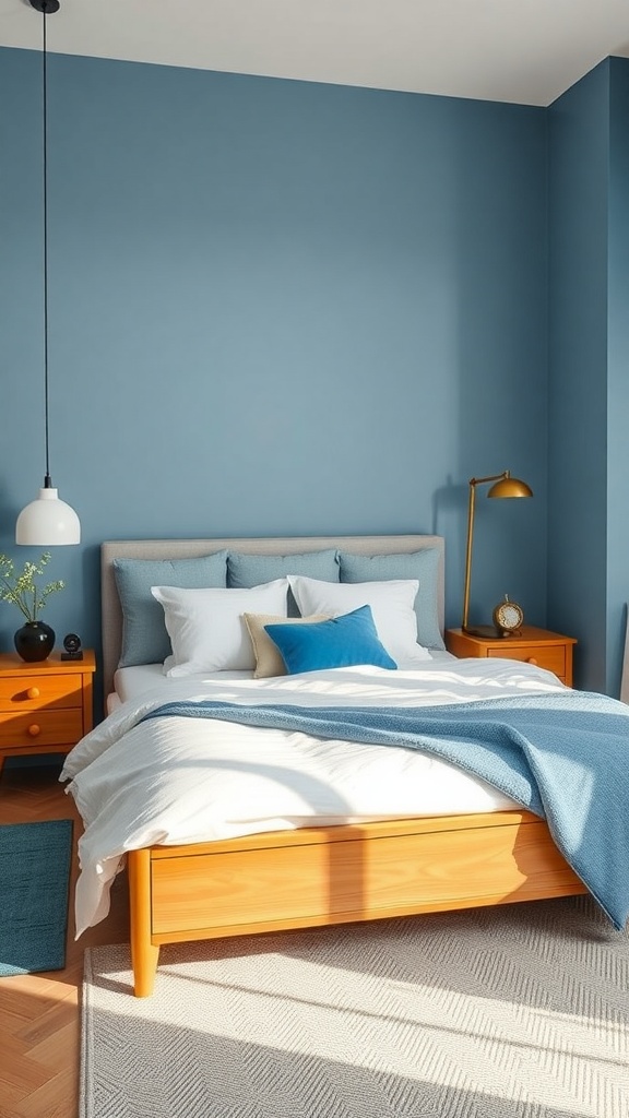 A cozy minimalist bedroom featuring a wooden bed frame, soft blue accents, and a light-colored rug.
