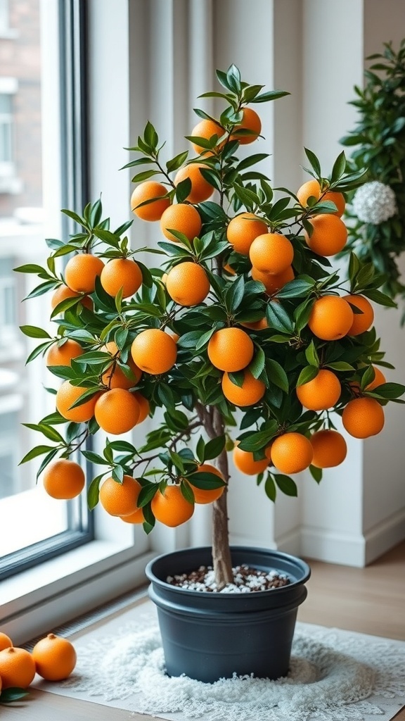 A miniature grapefruit tree with bright grapefruits and green leaves, placed by a window.