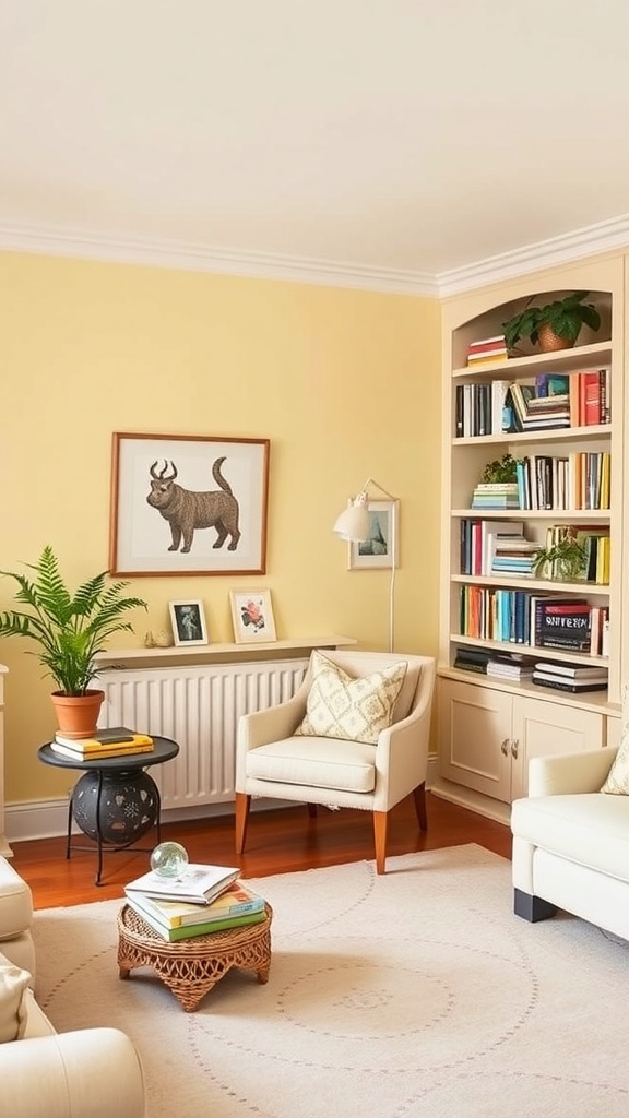 Cozy reading nook in a pale yellow living room with an armchair, bookshelf, and plants.