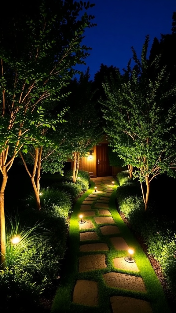 A beautifully lit walkway in a garden at night, lined with lanterns and surrounded by trees and greenery.