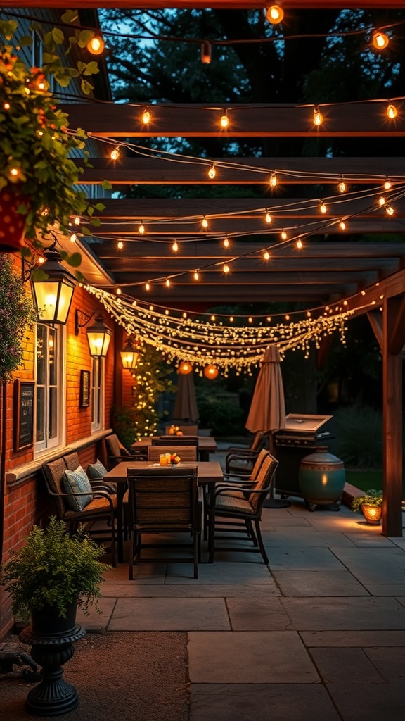 A beautifully decorated patio with stylish string lights illuminating the space.