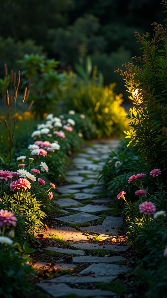 A stone path illuminated by soft garden lights, surrounded by colorful flowers.