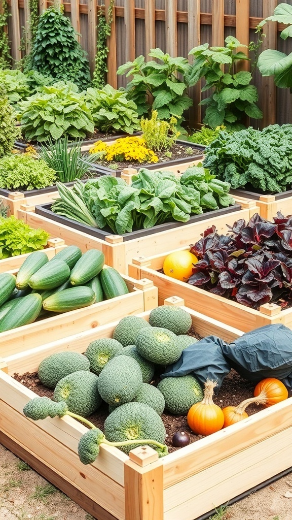 A seasonal vegetable garden featuring raised beds filled with various vegetables like broccoli, zucchini, and pumpkins.