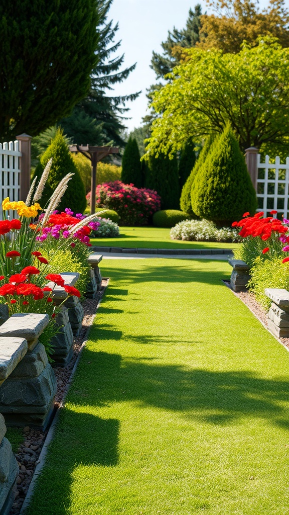 A beautiful garden walkway lined with vibrant flowers and lush green turf.