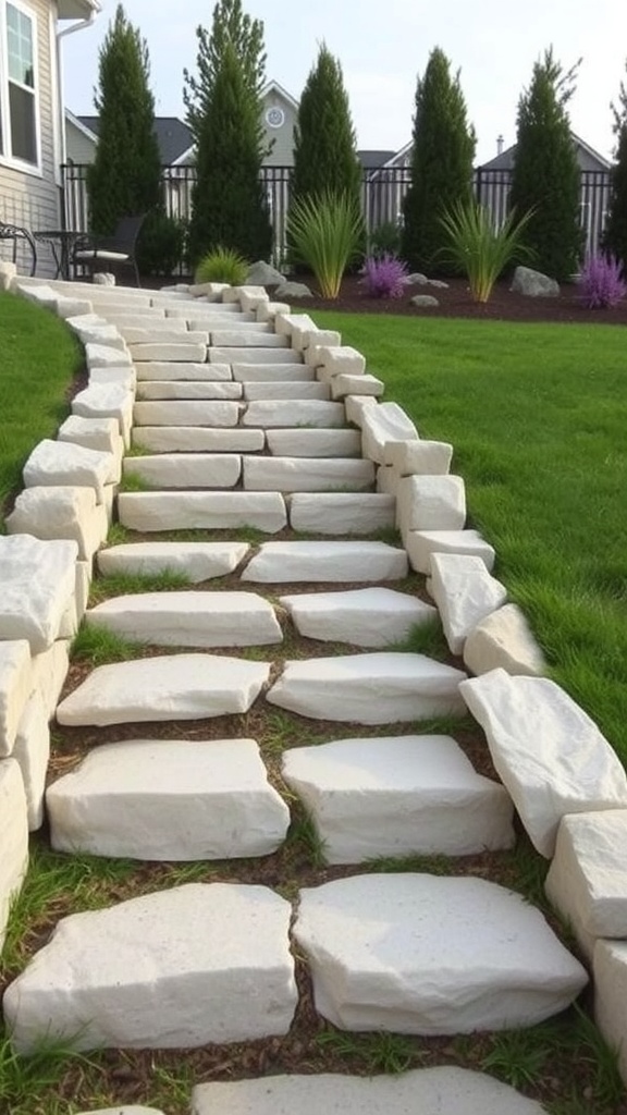 A winding path of white stone outdoor steps surrounded by greenery.