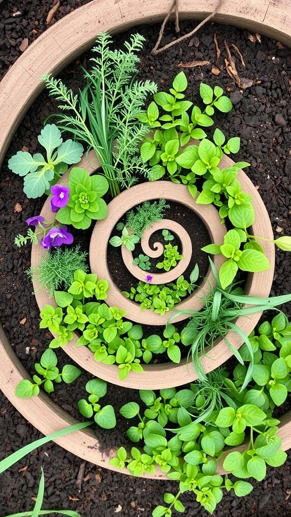 A lush herb spiral garden featuring various green herbs arranged in a spiral pattern.
