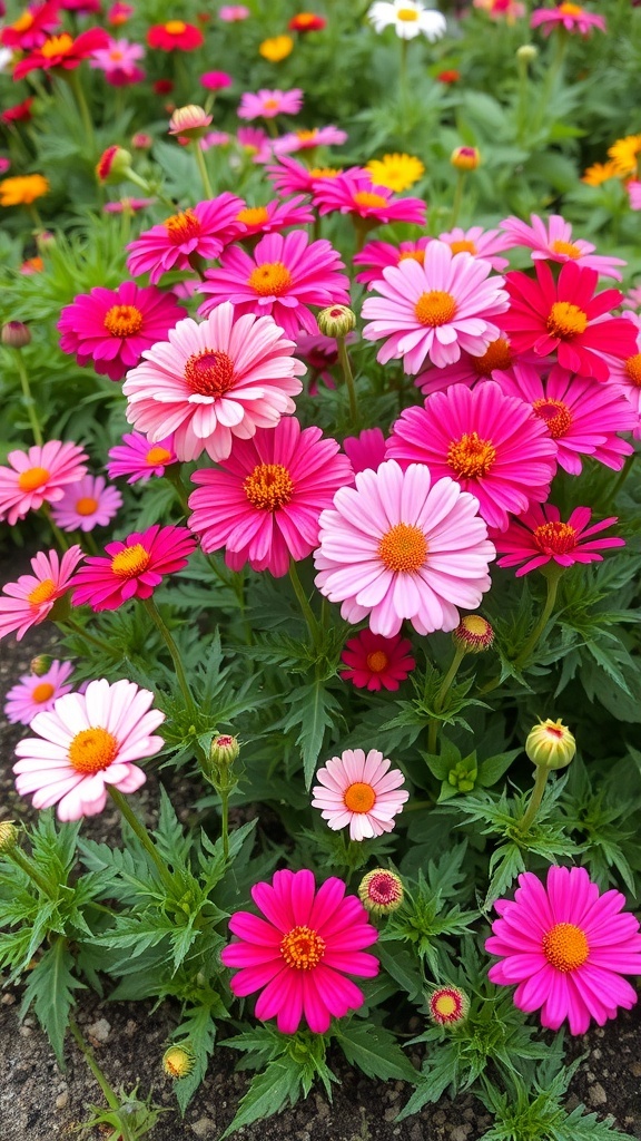 A vibrant display of pink and orange zinnias and cosmos flowers in a garden.