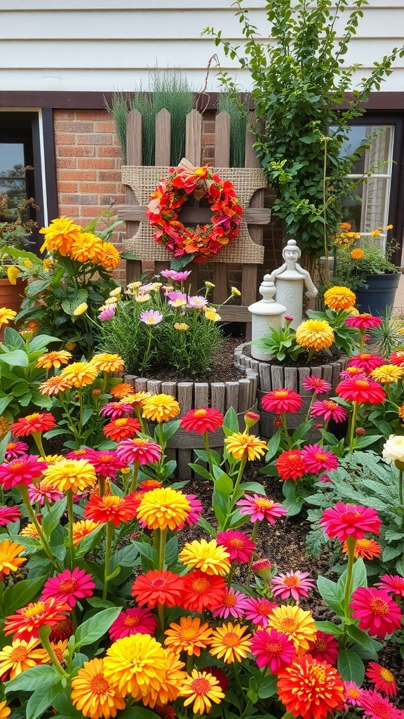 A vibrant zinnia garden bed with colorful flowers, a wooden backdrop, and seasonal decor.