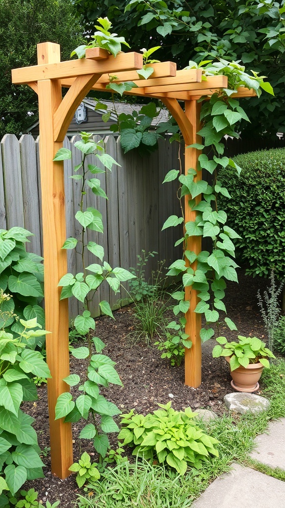 A wooden garden trellis with climbing plants in a small backyard.