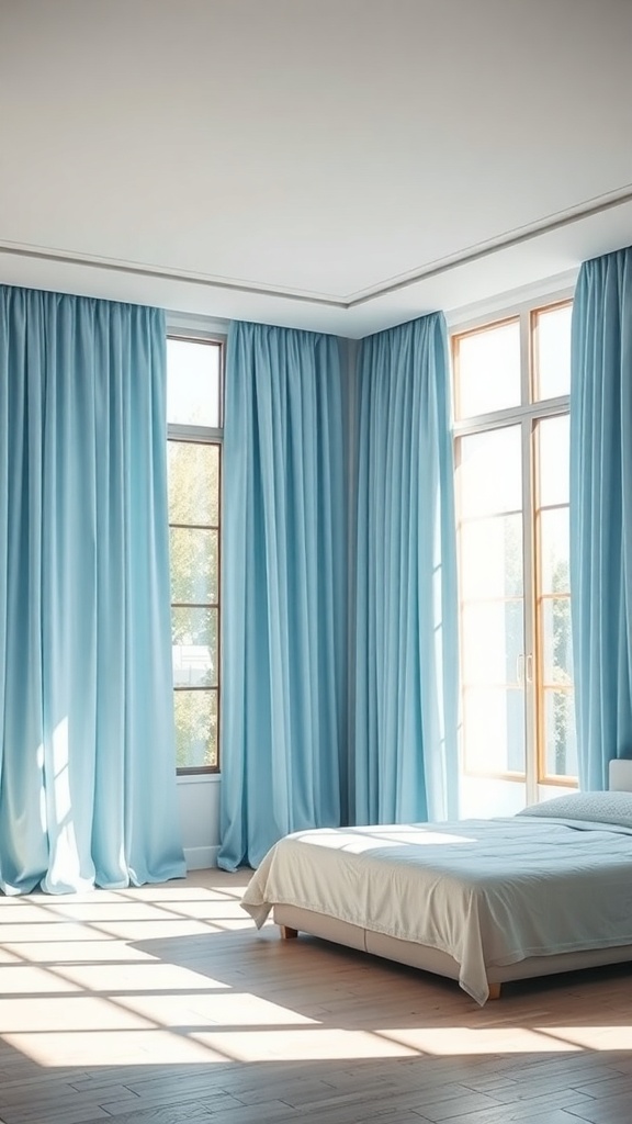 A minimalist bedroom with large windows and soft blue curtains, allowing natural light to fill the room.