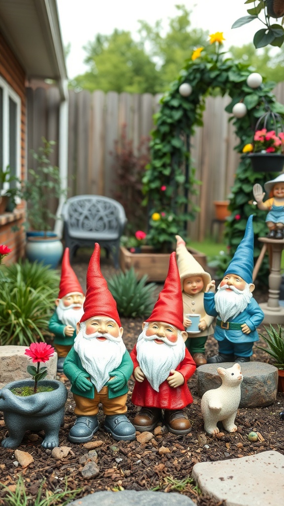 Colorful garden gnomes and statues in a small backyard garden