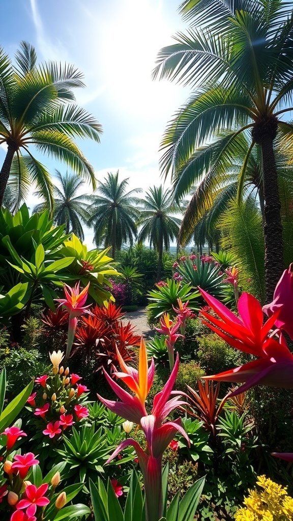 A vibrant tropical garden filled with colorful flowers and palm trees under a bright blue sky.