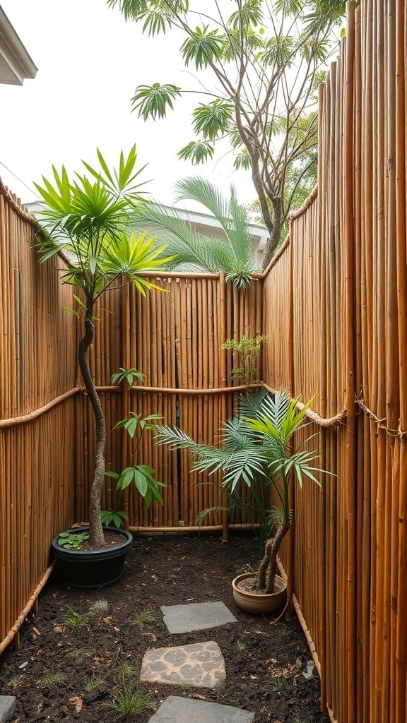 Cozy backyard corner with bamboo fencing and potted plants